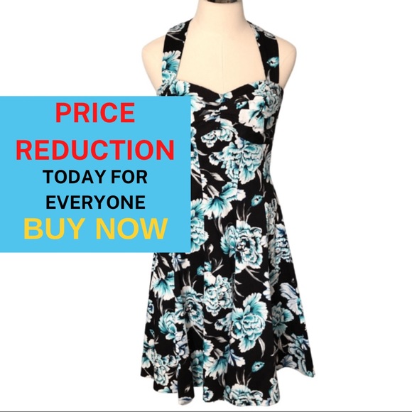❤️SOLD❤️HALTER DRESS BLACK, BLUES, TEALS FLOWER PRINT WITH SIDE SEAM POCKETS - Picture 2 of 14
